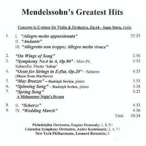  CBS Records Masterworks Mendelssohns Greatest Hits 