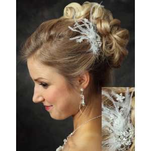  Large Rhinestone Hair Comb with Whispy Feathers 7019 
