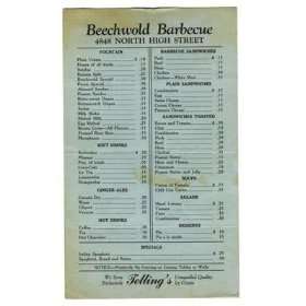   Beechwold Barbeque Menu Columbus OH 1930s Tellings: Everything Else
