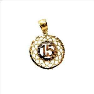  14k Tricolor Gold, 15 Anos Quinceanera Pendant Charm Round 