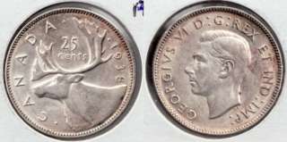 1938 Canadian Silver Quarter 25 cents ~ #1  