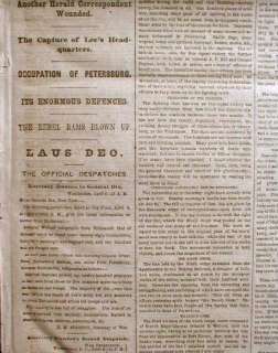 1865 newspaper CIVIL WAR ENDING headline CAPTURE of PETERSBURG 