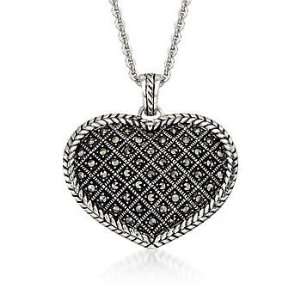  Marcasite Puffed Heart Pendant Necklace In Sterling Silver 