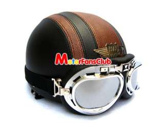 New Motorcycle Half Face Leather Helmet BLK BROWN Free Goggles  