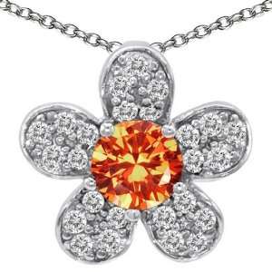  925 Sterling Silver Simulated Round Fire Opal Flower Pendant: Jewelry