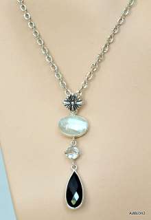 New $285 LORI BONN 3 Gemstone Teardrop GRACE Pendant Necklace SILVER 