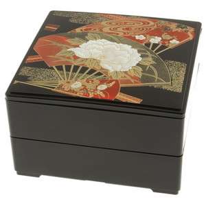 pc) Japanese 2 Black Floral Fans lacquer Stack Box #288 121  