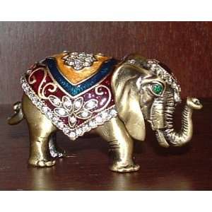  Jeweled Pewter Elephant Trinket Box in Antique Gold Finish 