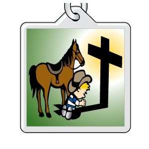 Acrylic Keychain Boy and Horse Praying at Cross