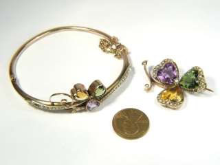 ANTIQUE 9K GOLD GEMSTONE HEART TREFOIL BANGLE PIN c1900  