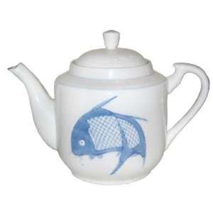  Blue and White Carp Koi Fish Teapot   Hand Painted 