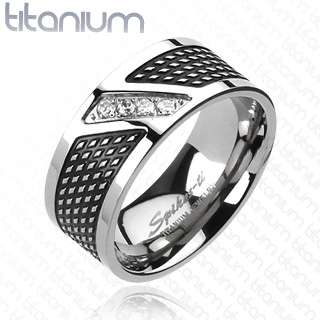 Mens solid titanium ring with Black IP 4 CZs Modern wedding band 
