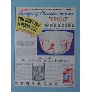 Joe Dimaggio Wheaties Cereal Bowl 1937 Wheaties Advertisement Bulletin 