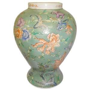  Green Temple Jar Flower Vase with Hand Painted Flowers   Oriental 