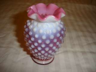 Fenton cranberry opalescent hobnail crimped vase.  