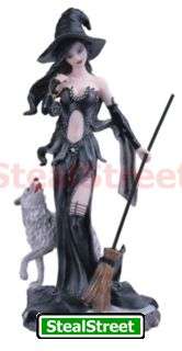 Black Witch With White Wolf Figurine Statue Décor  