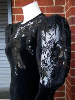 VTG 80s XS S Black Stretch Velour Lace Sequin Glam Lady GaGa Bodysuit 