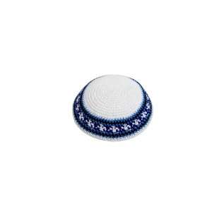  White Knitted Kippah with Blue and Black Band Everything 