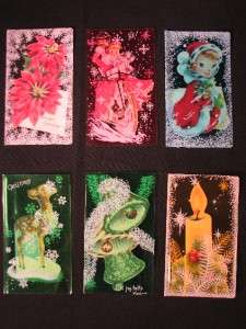 NOS Vintage Multi Color Celluloid Christmas Cards Lot of 6, FREE 