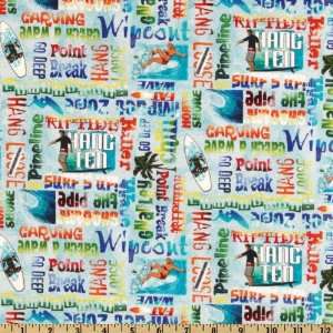  44 Wide Sun Surf Sand Surfing Phrases Blue Fabric By The 