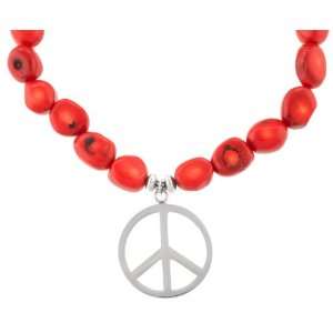   : Sterling Silver and Coral Peace Sign Beaded Necklace, 16 Jewelry