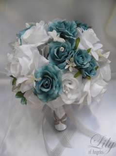   Bouquet Flower Bride Bridesmaid Maid Honor Groom AQUA WHITE  