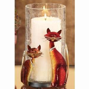   Hand Sculpted Metal Kitty Cat Glass Hurricane Pillar Candle Holders 6
