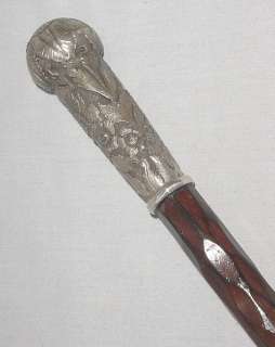   OLD SILVER 900 HALLMARKS STERLING CARVED MAHOGANY? WOOD WALKING STICK