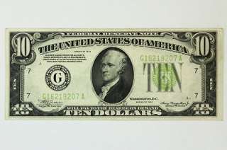1934 Ten Dollar $10 Bill Federal Reserve Bank of Chicago Green Seal 