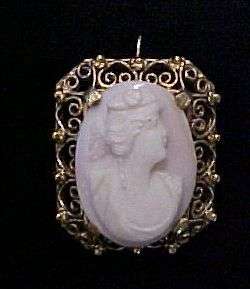 Vintage Pink Coral Cameo 14K Solid YG Gold Pin Pendent  