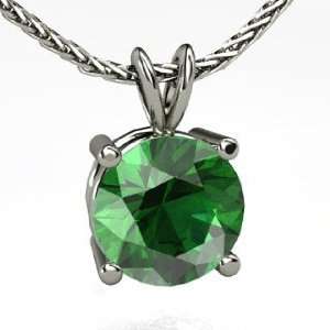  Gemstone Solitaire Pendant, Round Emerald 14K White Gold Necklace