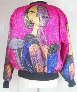   LIKO Satin PICASSO Fusia Pink & Gold Jacket Retro Art LG   XL  
