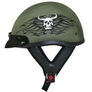   Half Helmet with Skull Embroidery   Green Canvas   Large Automotive