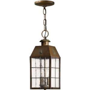 Aged Brass Nantucket Hanging Porch Light With Clear Seedy Glass.