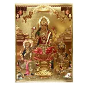 Handcrafted Engraved Laxmi Saraswati Ganesha Poster   Golden Finish