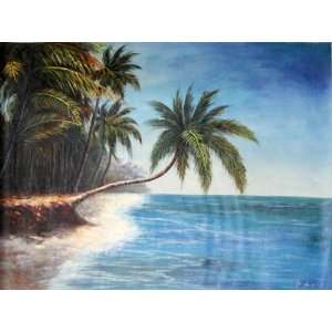  Tropical Island Beach Scene with Bent Coconut Tree Oil 