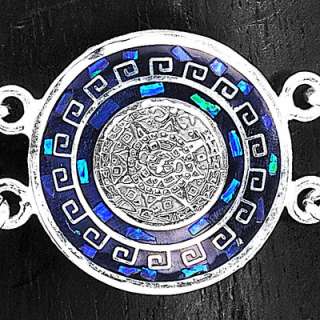 Aztec Calendar Silver Blue Opal with Greek Key Bracelet Taxco Mexico 