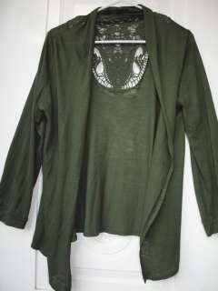 LUNA TIKS Olive Green Crochet Lace Back Open Front Cardigan Sweater 