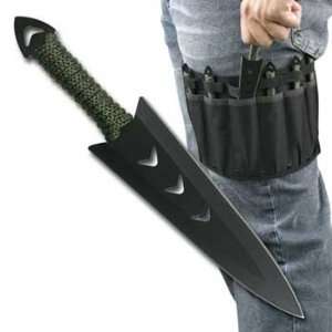 6pc Black Stainless Steel Throwing Knives with Green Cord Wraps   6.5 
