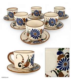MEXICO GARDEN Hand Painted Ceramic Cups Saucers SET 6  