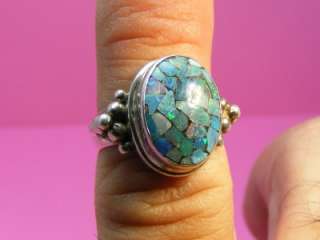 NANAS Vintage Sterling Silver Bead & Opal Inlay Ring Size: 6  