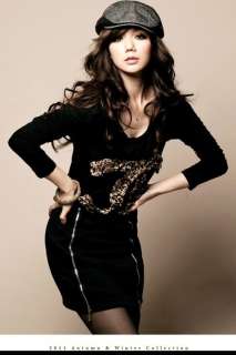 Women Black Leopard Chiffon Double C Design Long Sleeve T Shirt Korea 
