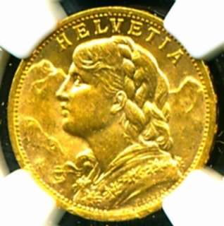 1902 B SWITZERLAND GOLD COIN 20 FRANCS * NGC CERTIF GENUINE GRADED MS 