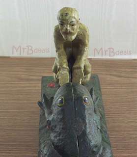 MAN ON GOAT FEEDS FROG COINS CAST IRON MECHANICAL BANK  