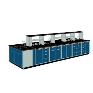 17 1/2 ft, eleven cabinet island assembly with reagent shelf, sink 