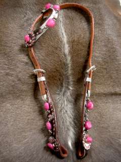 HORSE BRIDLE WESTERN LEATHER HEADSTALL TACK PINK STONES BLING HAIR ON 