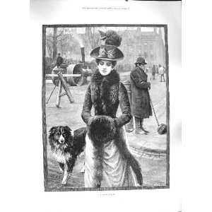    1889 FROSTY MORNING STREET SCENE WOMAN FUR COAT DOG