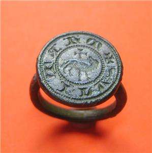 MEDIEVAL BRONZE RING WITH WOLF AND CROSS *  