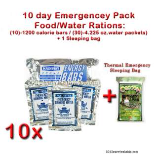 EMERGENCY SURVIVAL FOOD/WATER RATIONS PACK 10 DAY SUPPLY W/1COCOON 