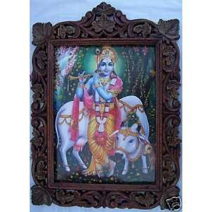   : Religious Lord Krishna with Cow, Wood Craft Frame: Everything Else
